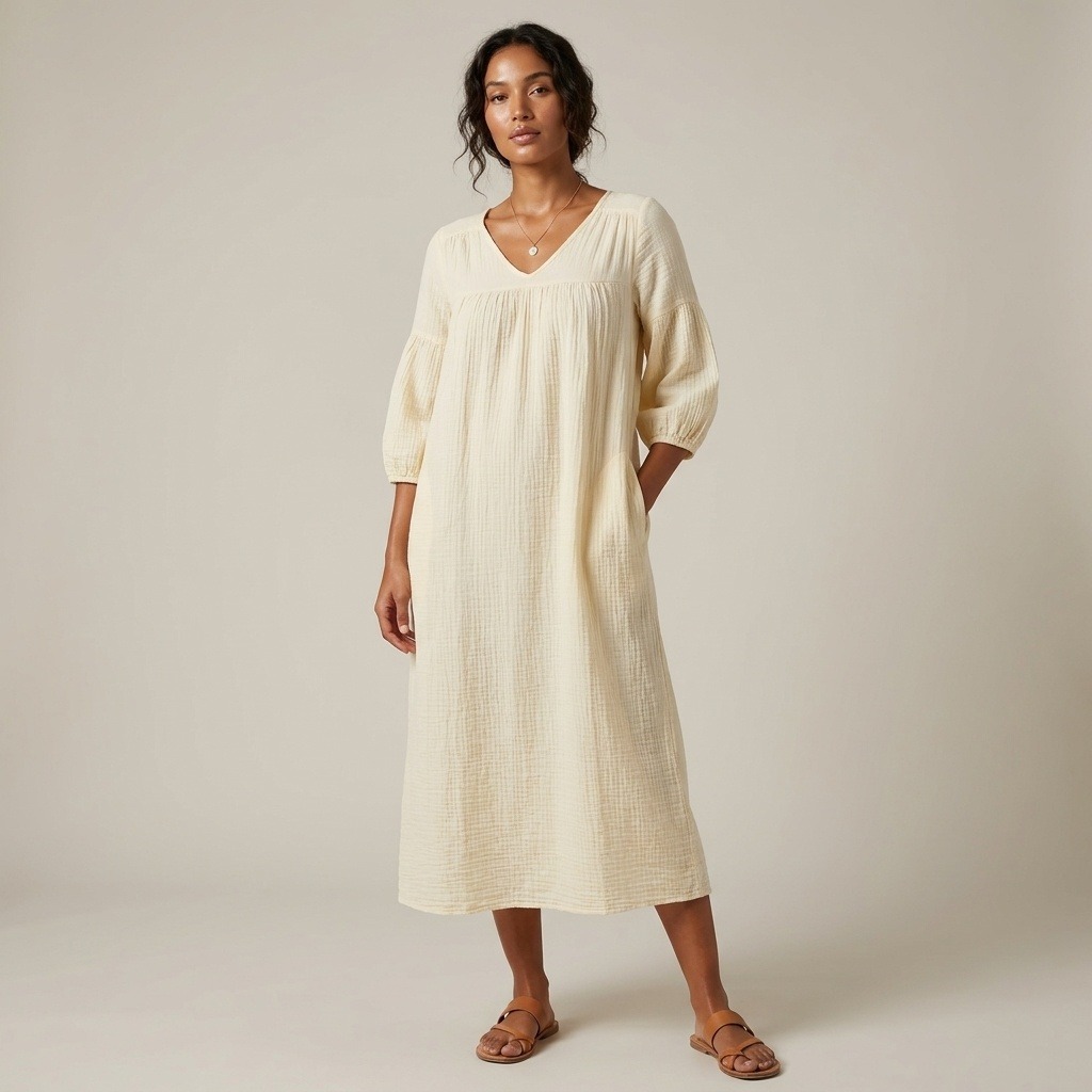 Filosofia Women M Cream Cotton Gauze Midi Dress Balloon Sleeve Pockets Usa